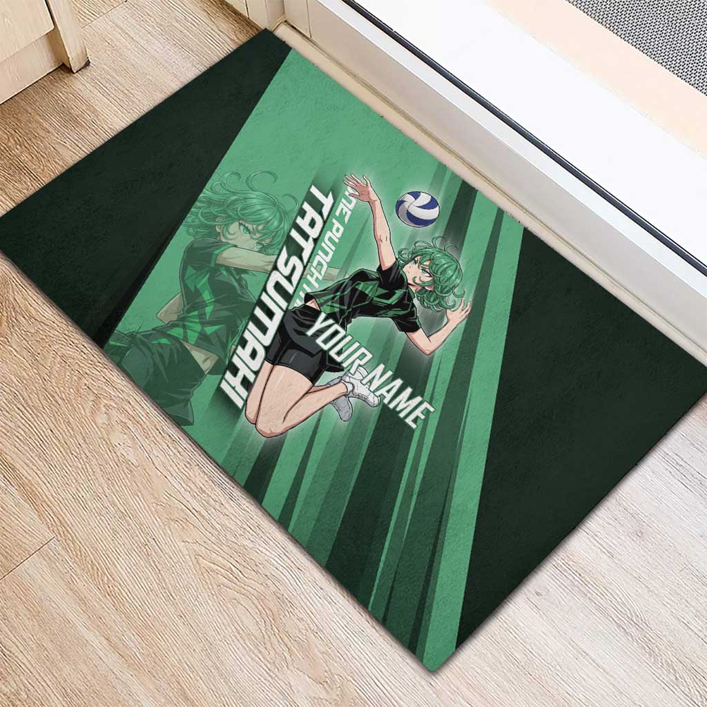 Personalized Tatsumaki Volleyball Design Rubber Doormat with Green Athletic Theme and Energetic Action Pose