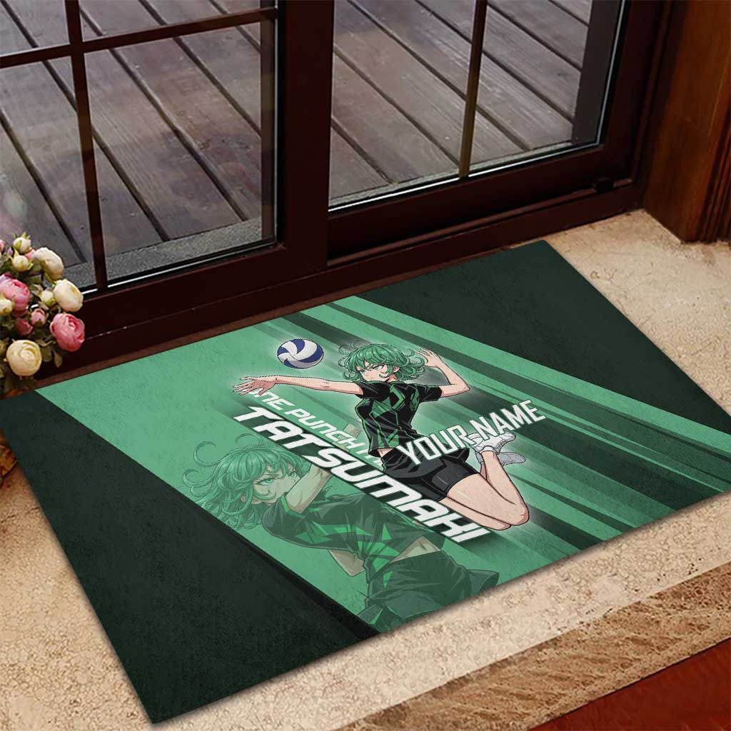 Personalized Tatsumaki Volleyball Design Rubber Doormat with Green Athletic Theme and Energetic Action Pose