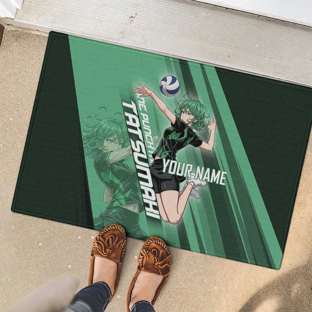 Personalized Tatsumaki Volleyball Design Rubber Doormat with Green Athletic Theme and Energetic Action Pose