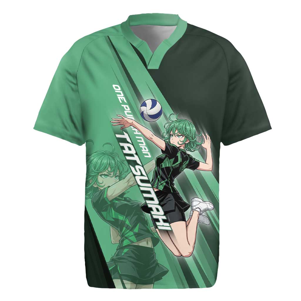 Personalized Tatsumaki Volleyball Design Rugby Jersey with Green Athletic Theme and Energetic Action Pose