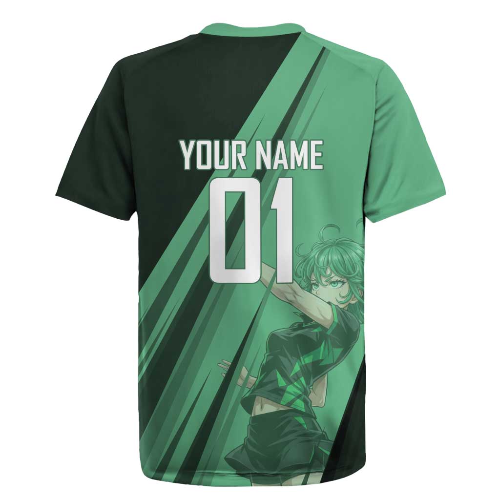 Personalized Tatsumaki Volleyball Design Rugby Jersey with Green Athletic Theme and Energetic Action Pose