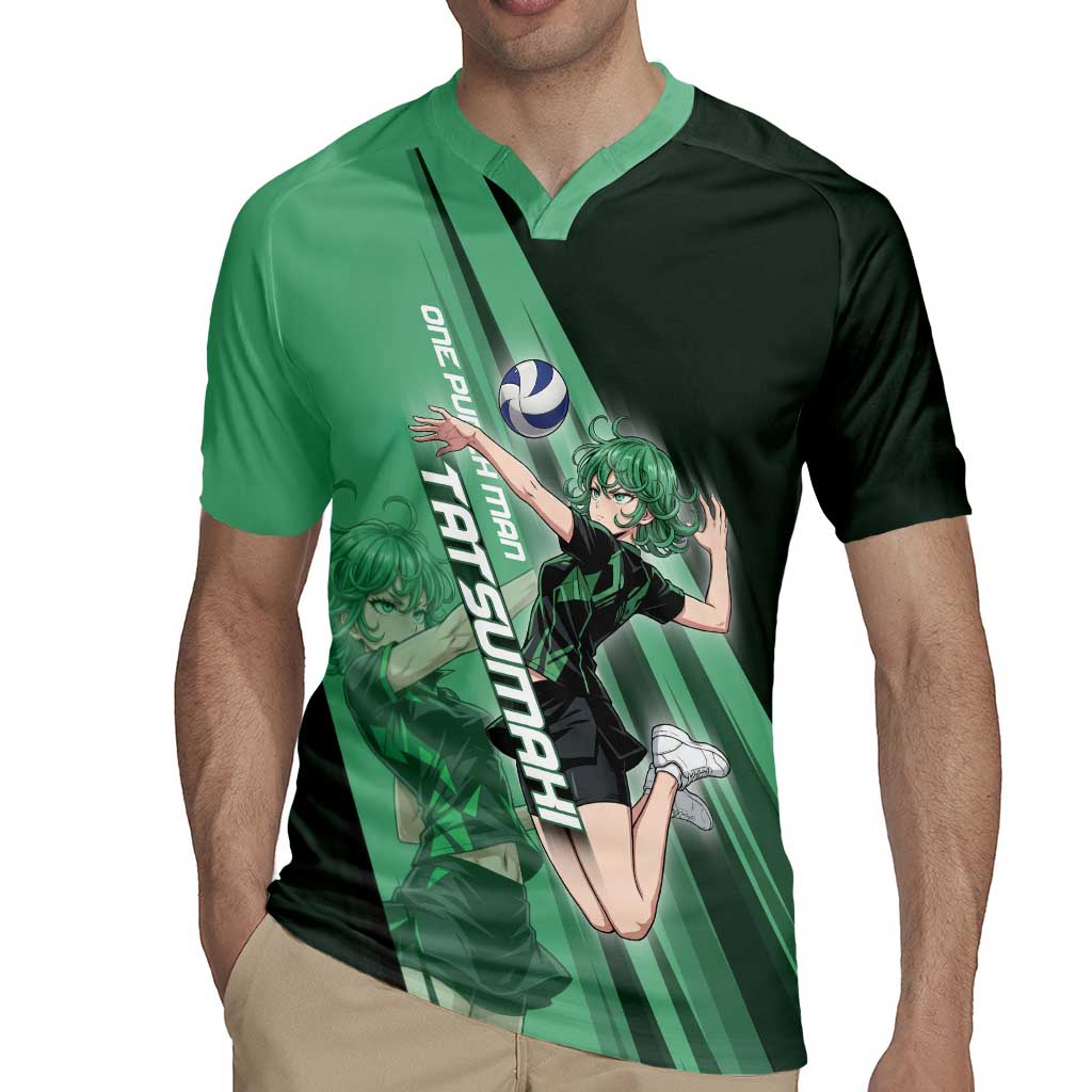 Personalized Tatsumaki Volleyball Design Rugby Jersey with Green Athletic Theme and Energetic Action Pose
