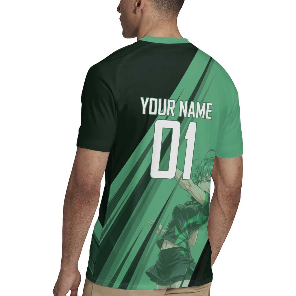 Personalized Tatsumaki Volleyball Design Rugby Jersey with Green Athletic Theme and Energetic Action Pose