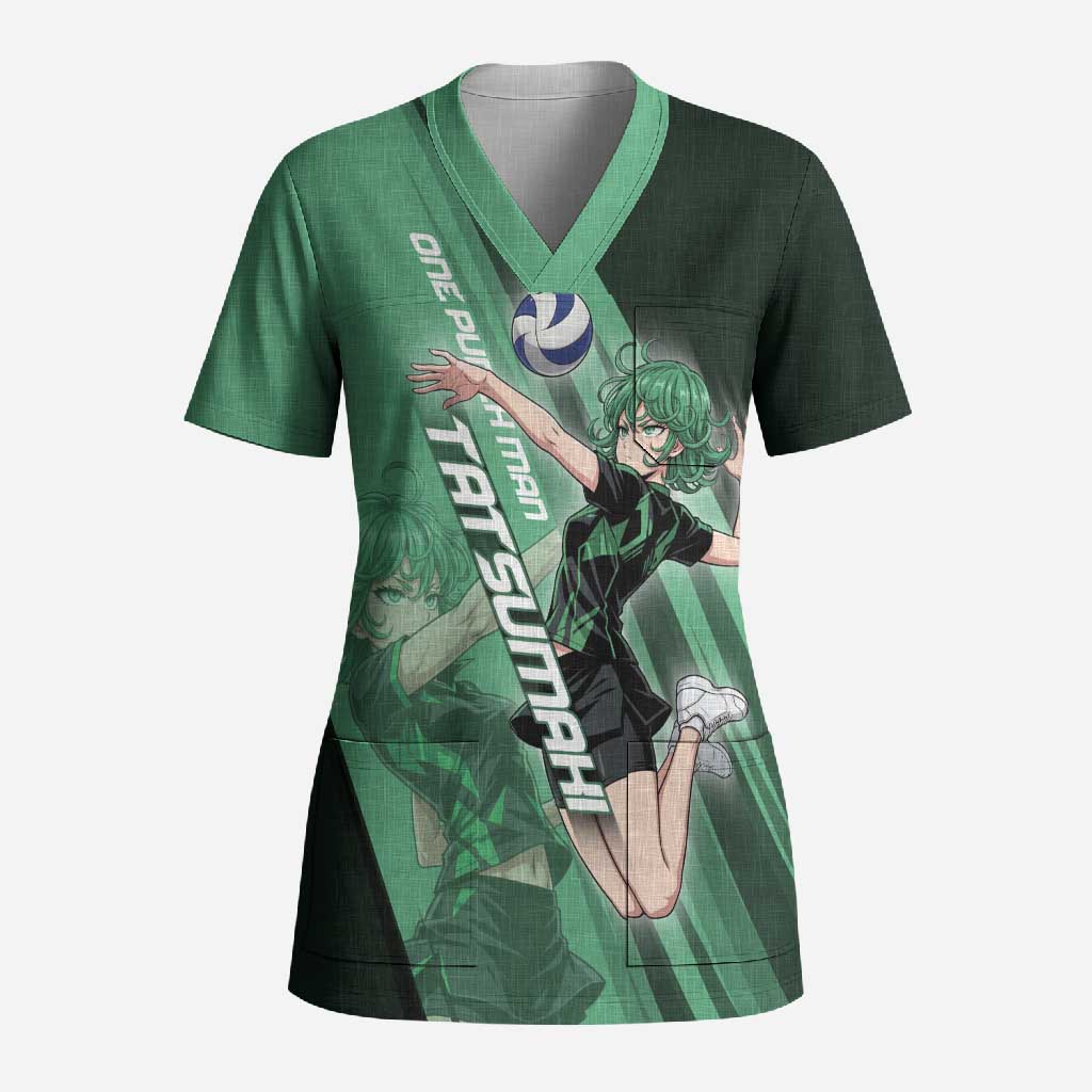 Personalized Tatsumaki Volleyball Design Scrub Top with Green Athletic Theme and Energetic Action Pose