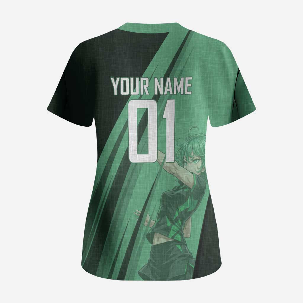 Personalized Tatsumaki Volleyball Design Scrub Top with Green Athletic Theme and Energetic Action Pose