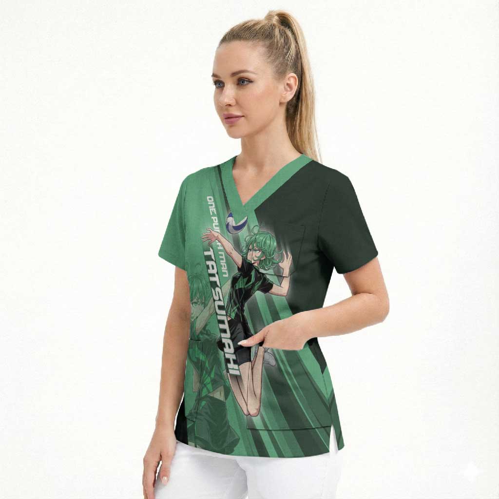 Personalized Tatsumaki Volleyball Design Scrub Top with Green Athletic Theme and Energetic Action Pose