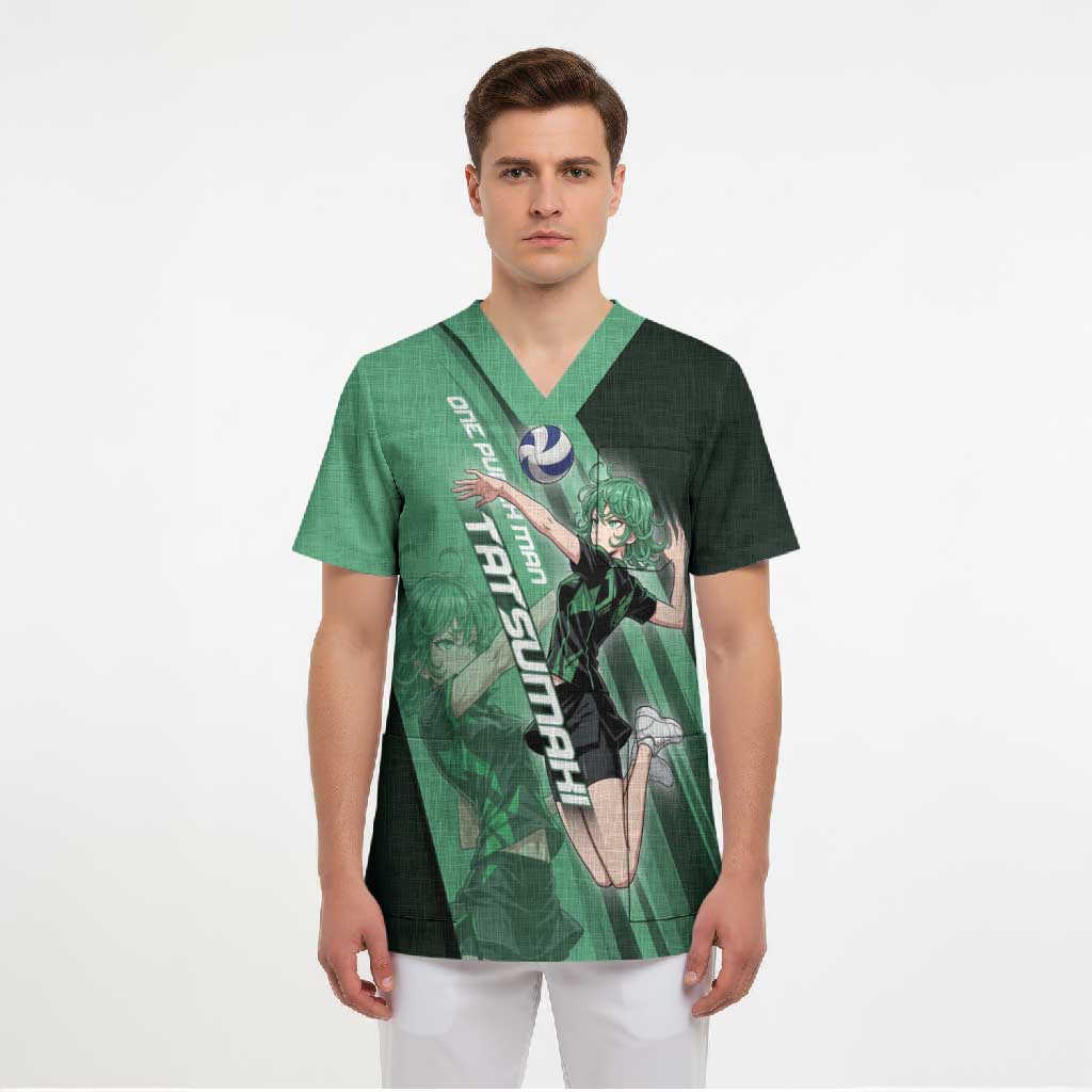 Personalized Tatsumaki Volleyball Design Scrub Top with Green Athletic Theme and Energetic Action Pose