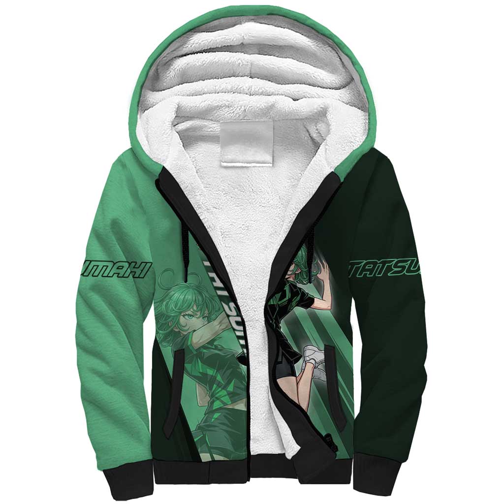 Personalized Tatsumaki Volleyball Design Sherpa Hoodie with Green Athletic Theme and Energetic Action Pose
