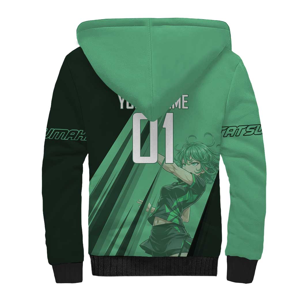 Personalized Tatsumaki Volleyball Design Sherpa Hoodie with Green Athletic Theme and Energetic Action Pose