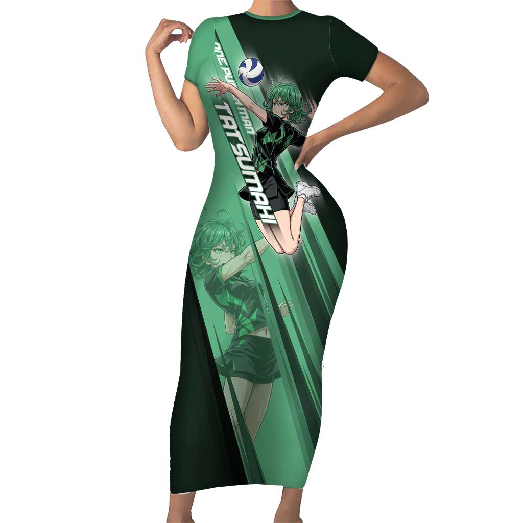 Personalized Tatsumaki Volleyball Design Short Sleeve Bodycon Dress with Green Athletic Theme and Energetic Action Pose