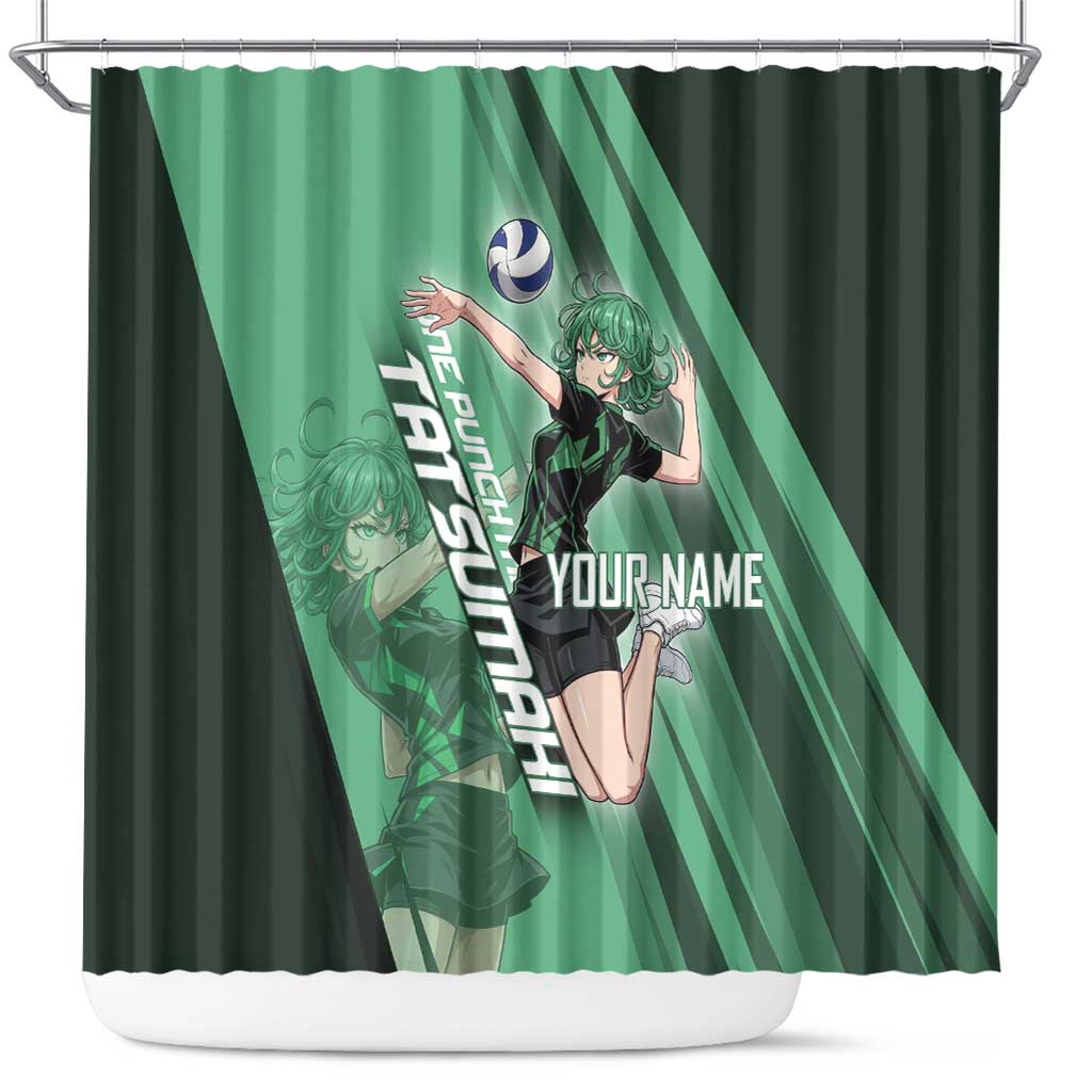 Personalized Tatsumaki Volleyball Design Shower Curtain with Green Athletic Theme and Energetic Action Pose
