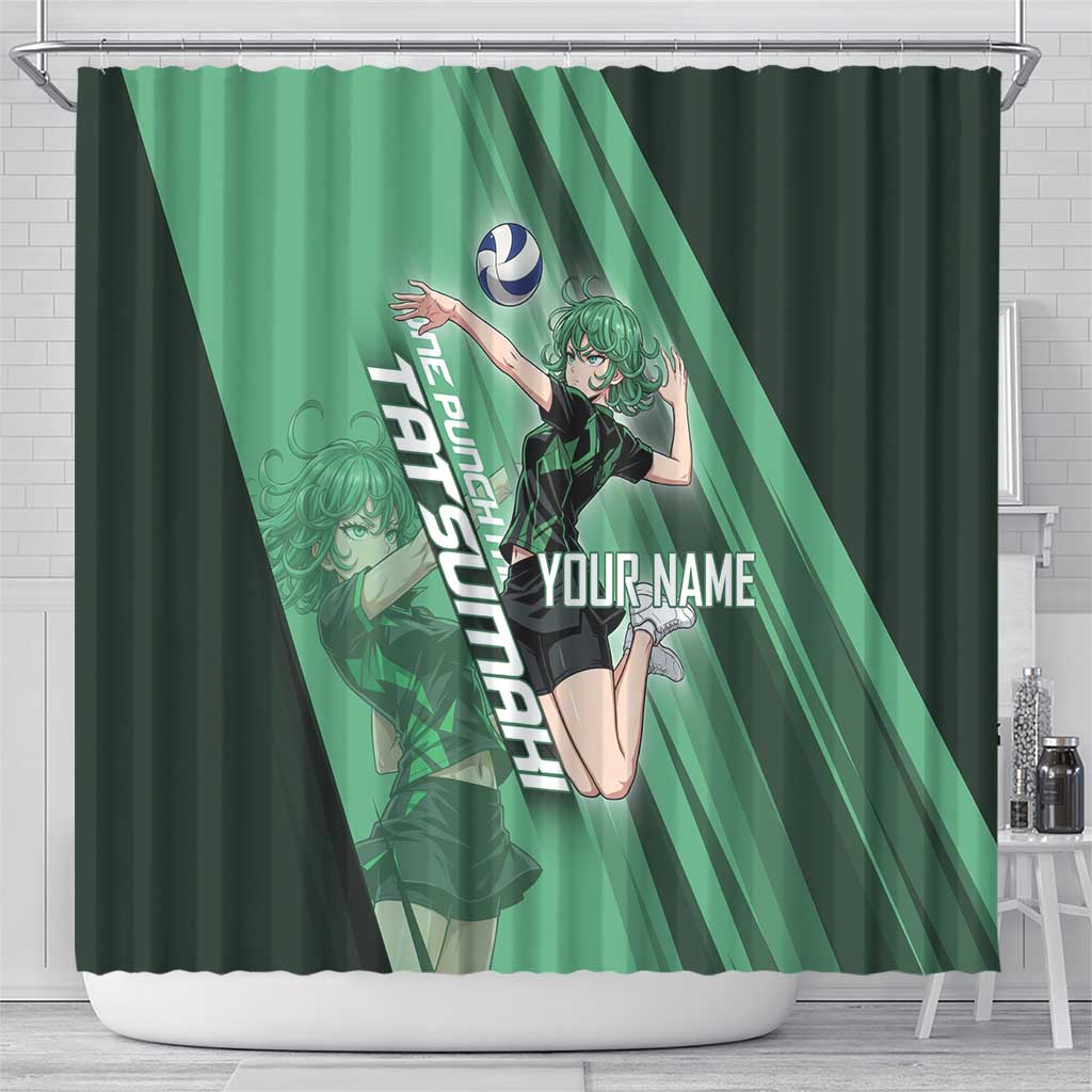 Personalized Tatsumaki Volleyball Design Shower Curtain with Green Athletic Theme and Energetic Action Pose