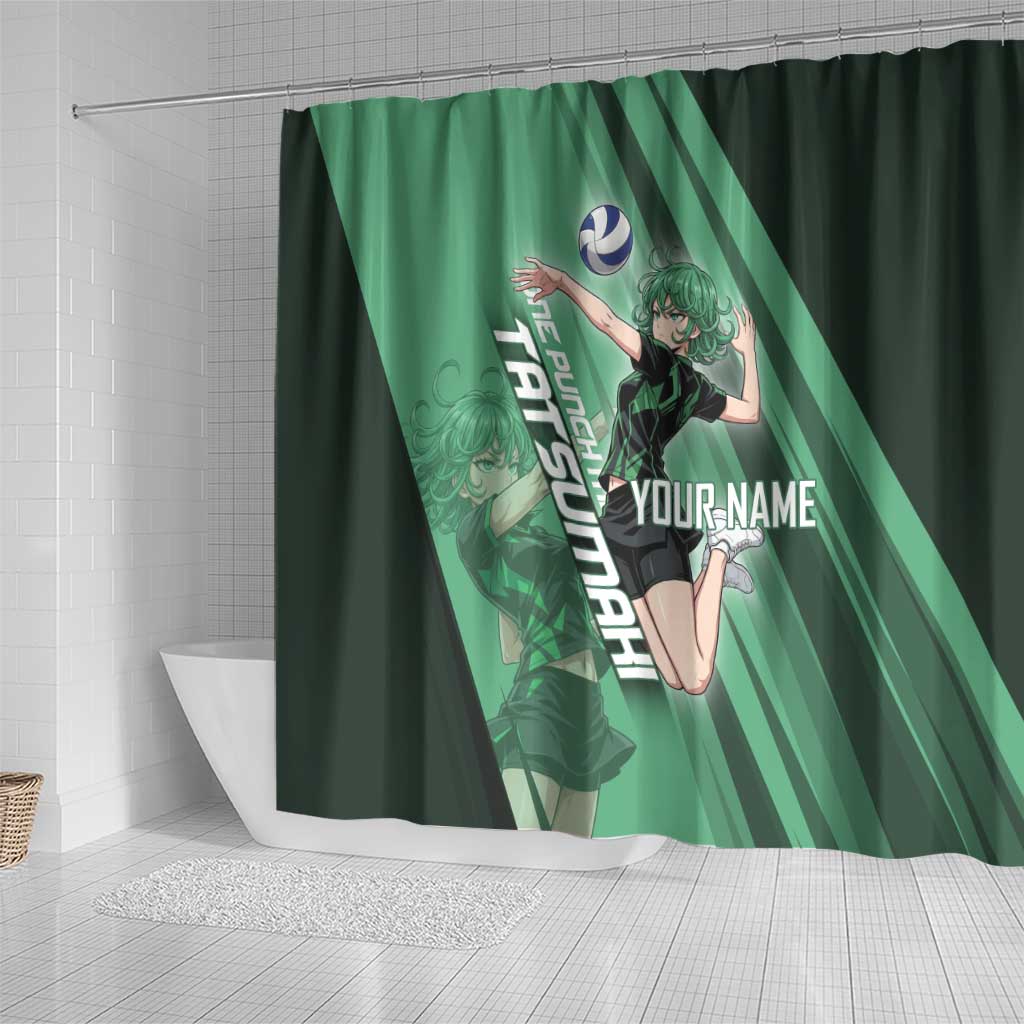 Personalized Tatsumaki Volleyball Design Shower Curtain with Green Athletic Theme and Energetic Action Pose