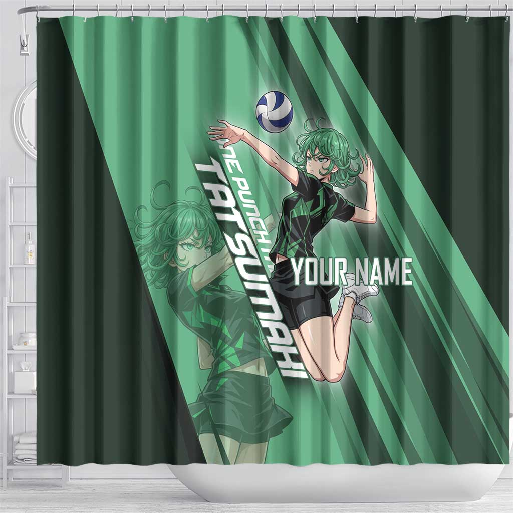Personalized Tatsumaki Volleyball Design Shower Curtain with Green Athletic Theme and Energetic Action Pose