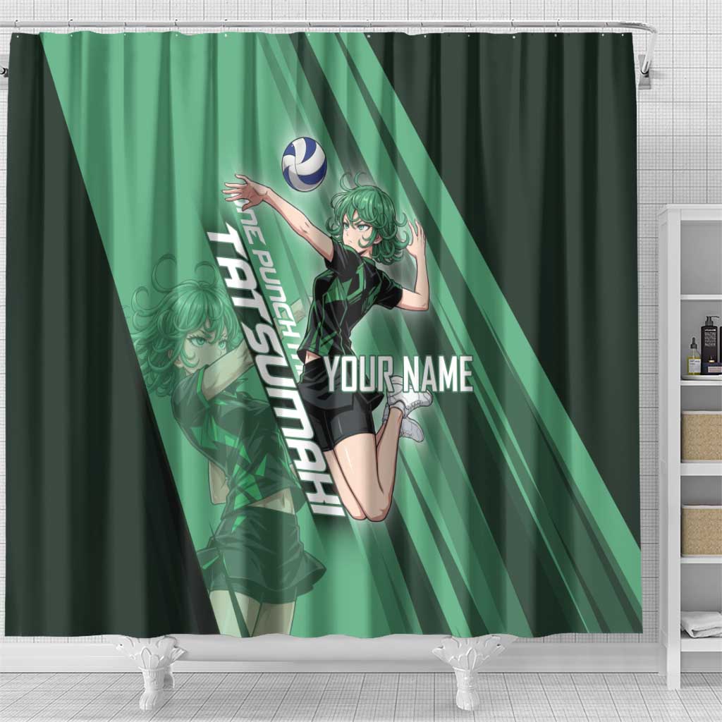 Personalized Tatsumaki Volleyball Design Shower Curtain with Green Athletic Theme and Energetic Action Pose
