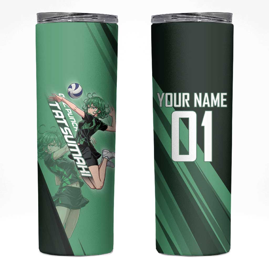 Personalized Tatsumaki Volleyball Design Skinny Tumbler with Green Athletic Theme and Energetic Action Pose