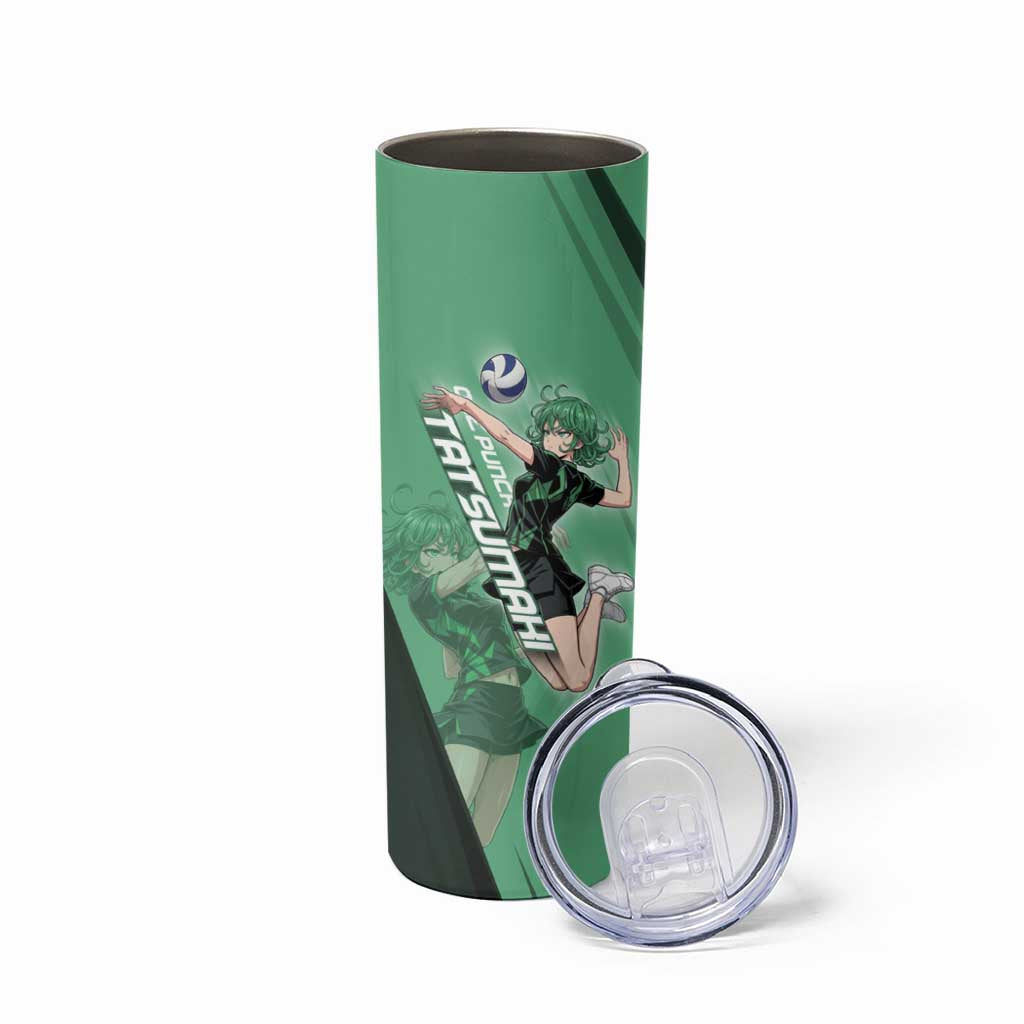 Personalized Tatsumaki Volleyball Design Skinny Tumbler with Green Athletic Theme and Energetic Action Pose