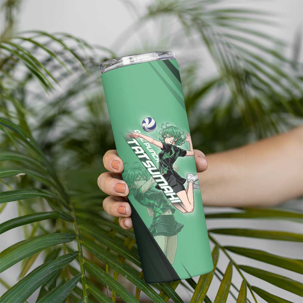 Personalized Tatsumaki Volleyball Design Skinny Tumbler with Green Athletic Theme and Energetic Action Pose