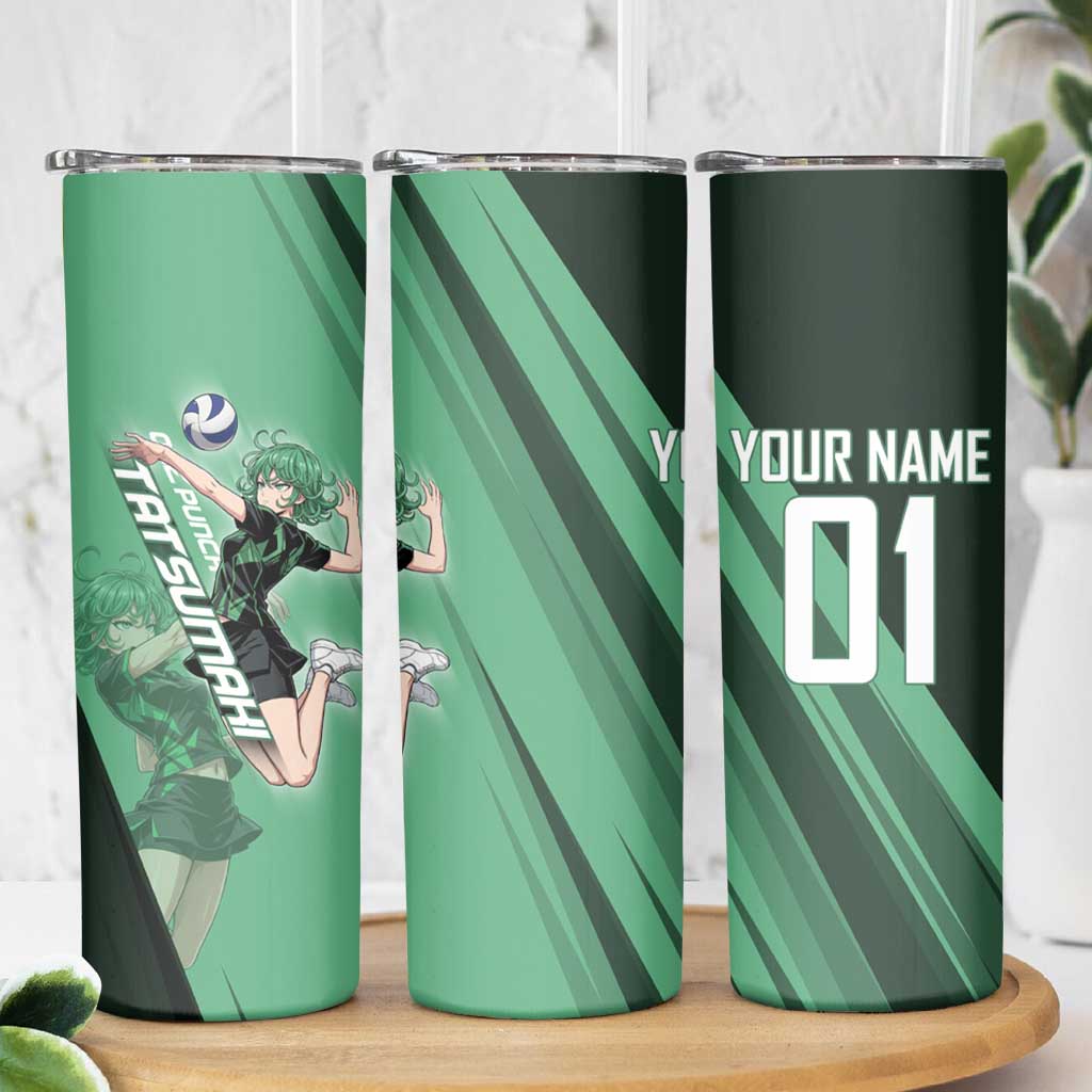 Personalized Tatsumaki Volleyball Design Skinny Tumbler with Green Athletic Theme and Energetic Action Pose