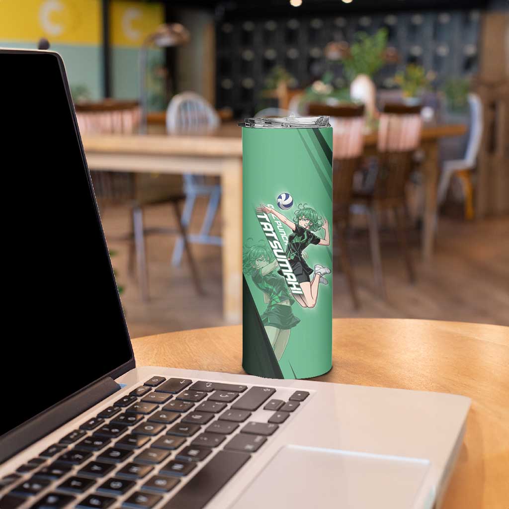 Personalized Tatsumaki Volleyball Design Skinny Tumbler with Green Athletic Theme and Energetic Action Pose