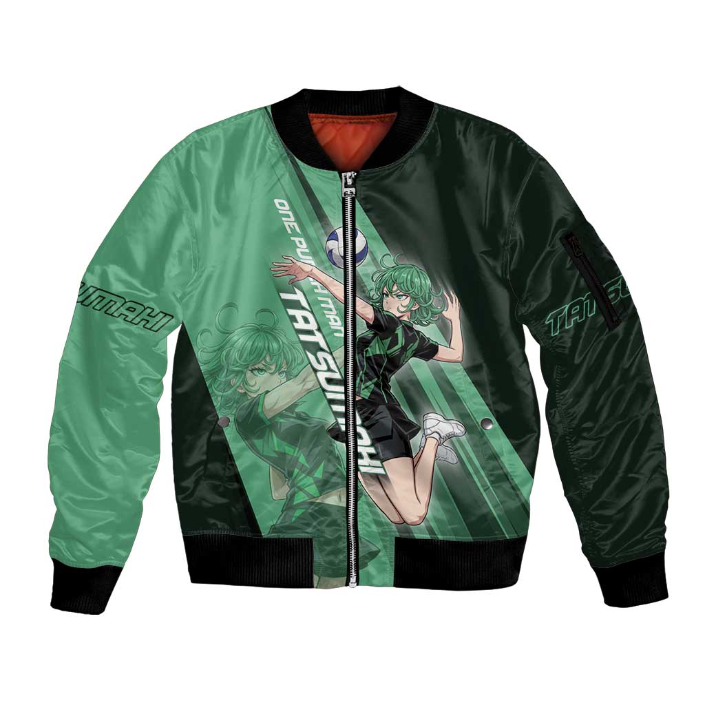 Personalized Tatsumaki Volleyball Design Sleeve Zip Bomber Jacket with Green Athletic Theme and Energetic Action Pose