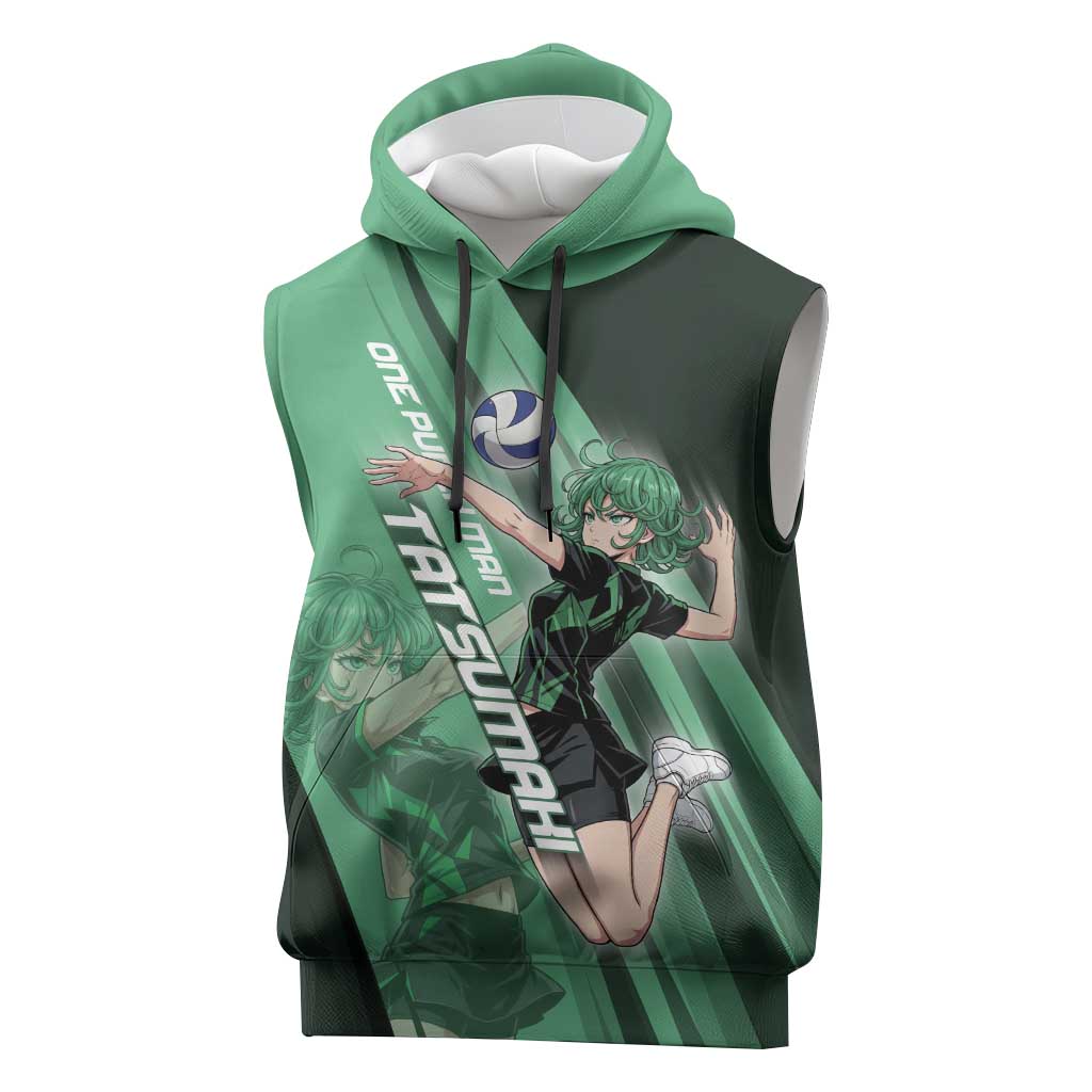 Personalized Tatsumaki Volleyball Design Sleeveless Hoodie with Green Athletic Theme and Energetic Action Pose