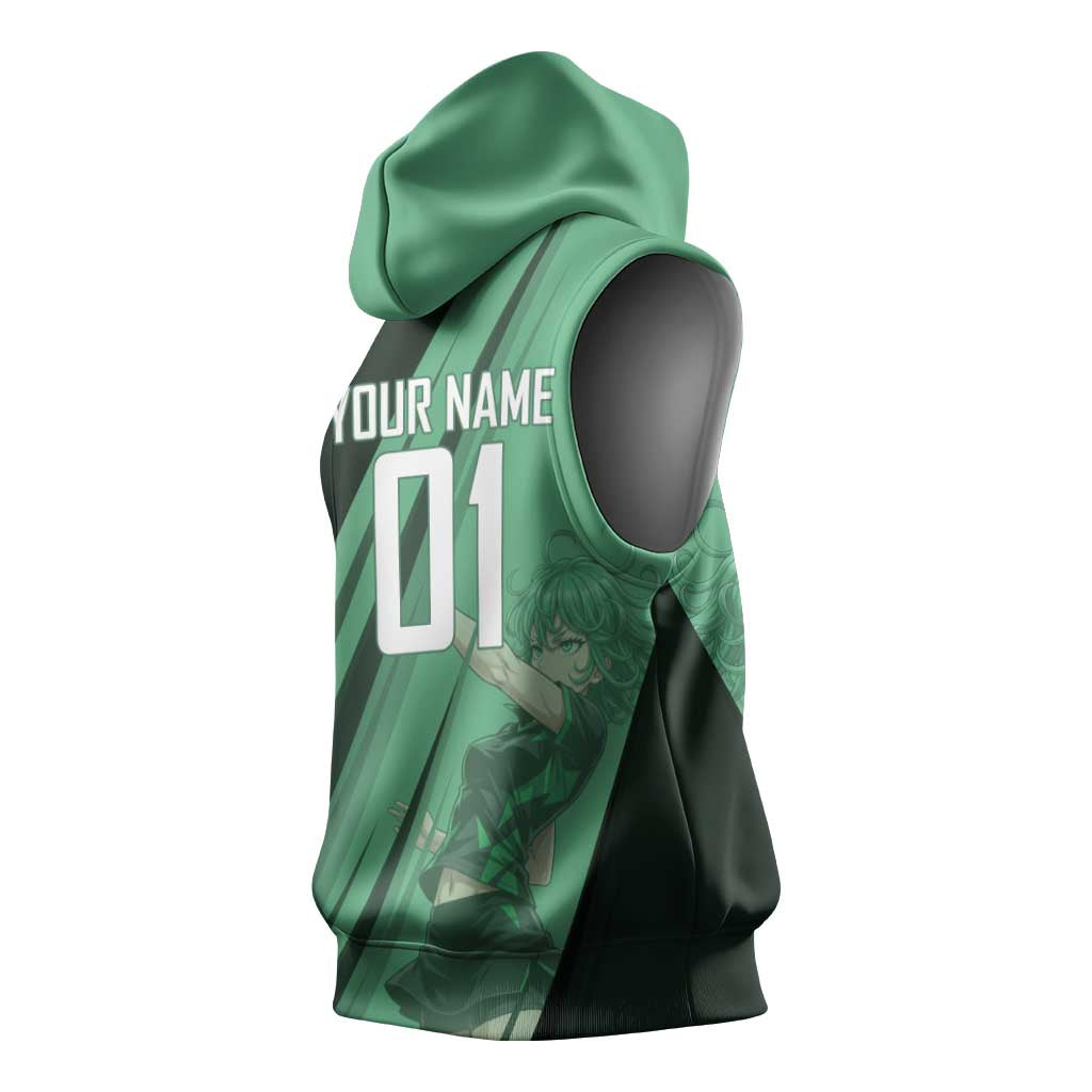 Personalized Tatsumaki Volleyball Design Sleeveless Hoodie with Green Athletic Theme and Energetic Action Pose