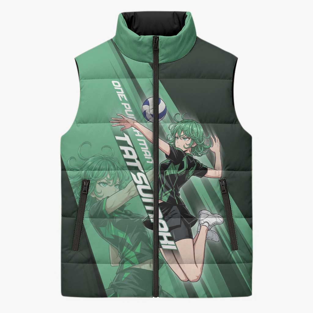 Personalized Tatsumaki Volleyball Design Sleeveless Puffer Jacket with Green Athletic Theme and Energetic Action Pose