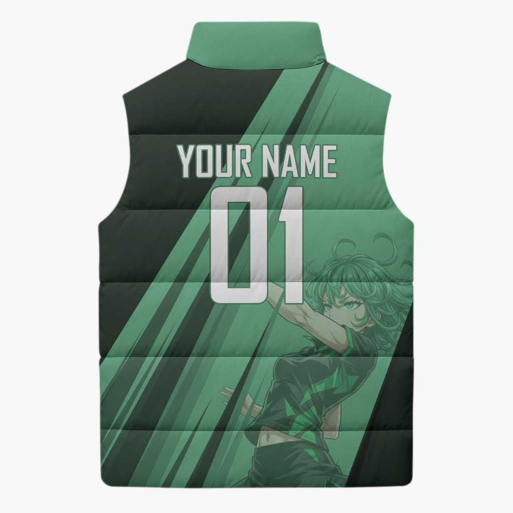 Personalized Tatsumaki Volleyball Design Sleeveless Puffer Jacket with Green Athletic Theme and Energetic Action Pose