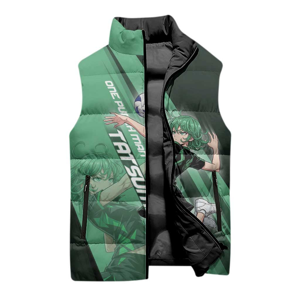 Personalized Tatsumaki Volleyball Design Sleeveless Puffer Jacket with Green Athletic Theme and Energetic Action Pose