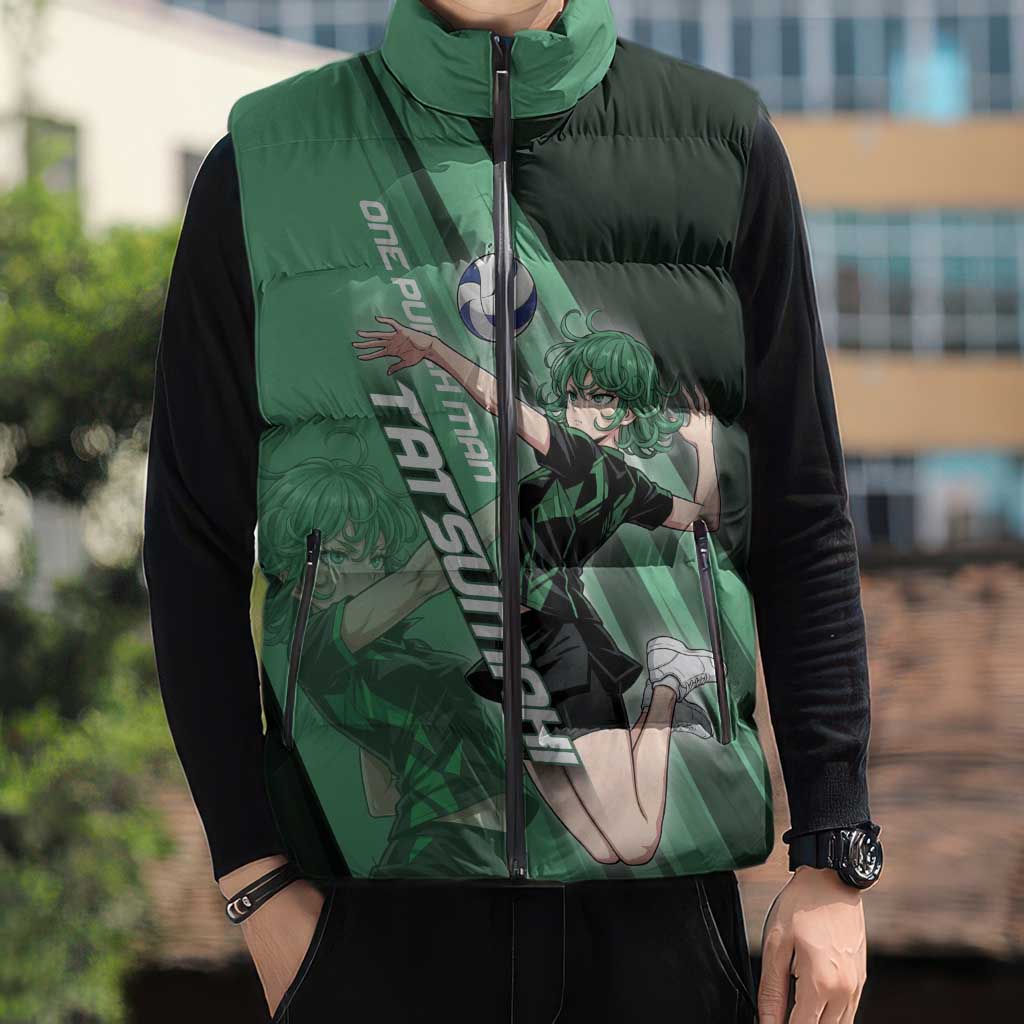 Personalized Tatsumaki Volleyball Design Sleeveless Puffer Jacket with Green Athletic Theme and Energetic Action Pose