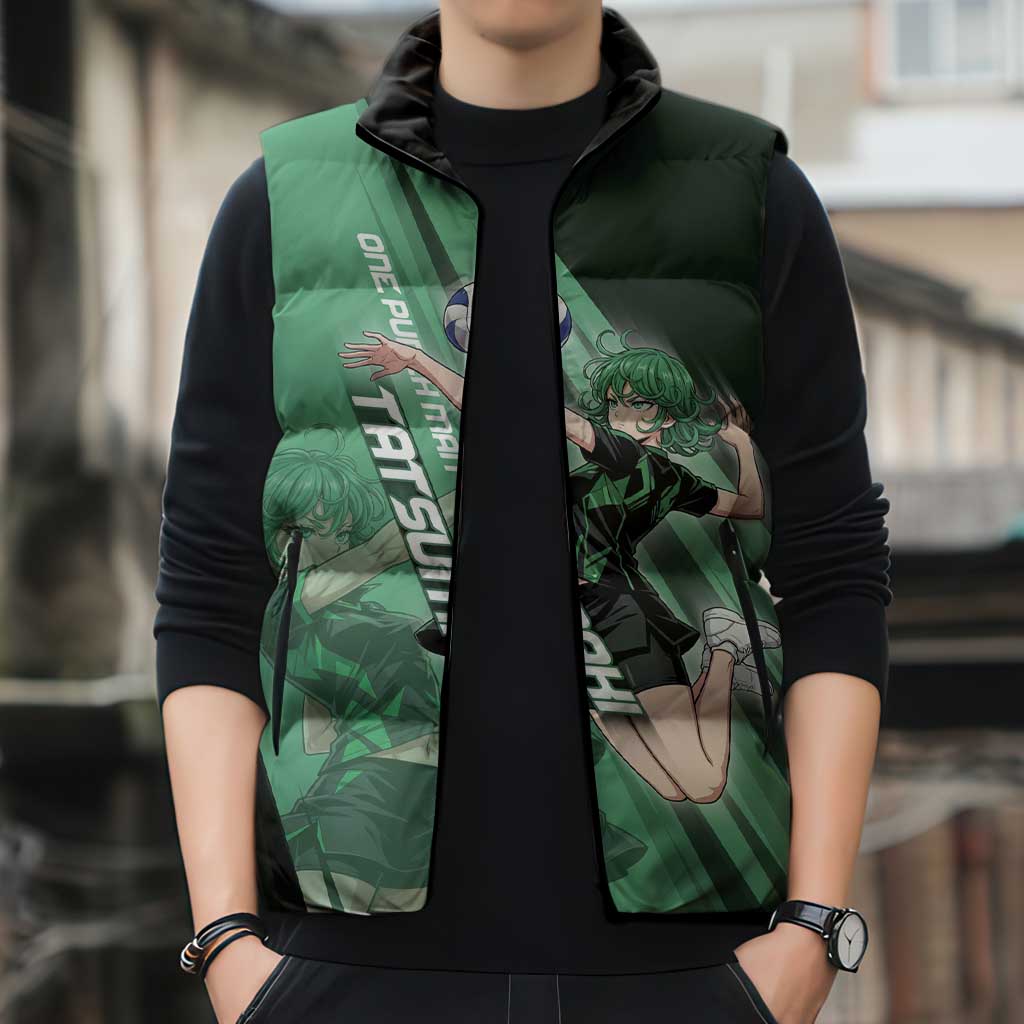 Personalized Tatsumaki Volleyball Design Sleeveless Puffer Jacket with Green Athletic Theme and Energetic Action Pose