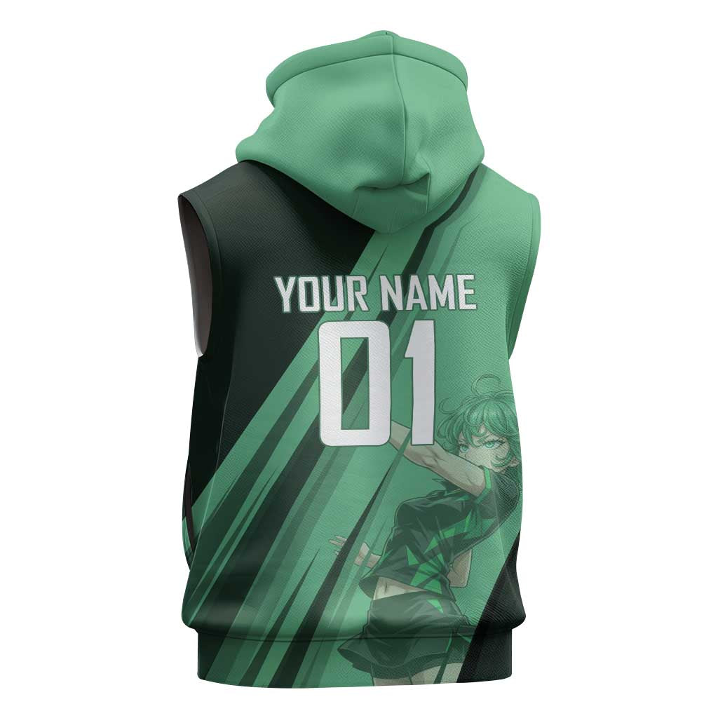 Personalized Tatsumaki Volleyball Design Sleeveless Zip Hoodie with Green Athletic Theme and Energetic Action Pose