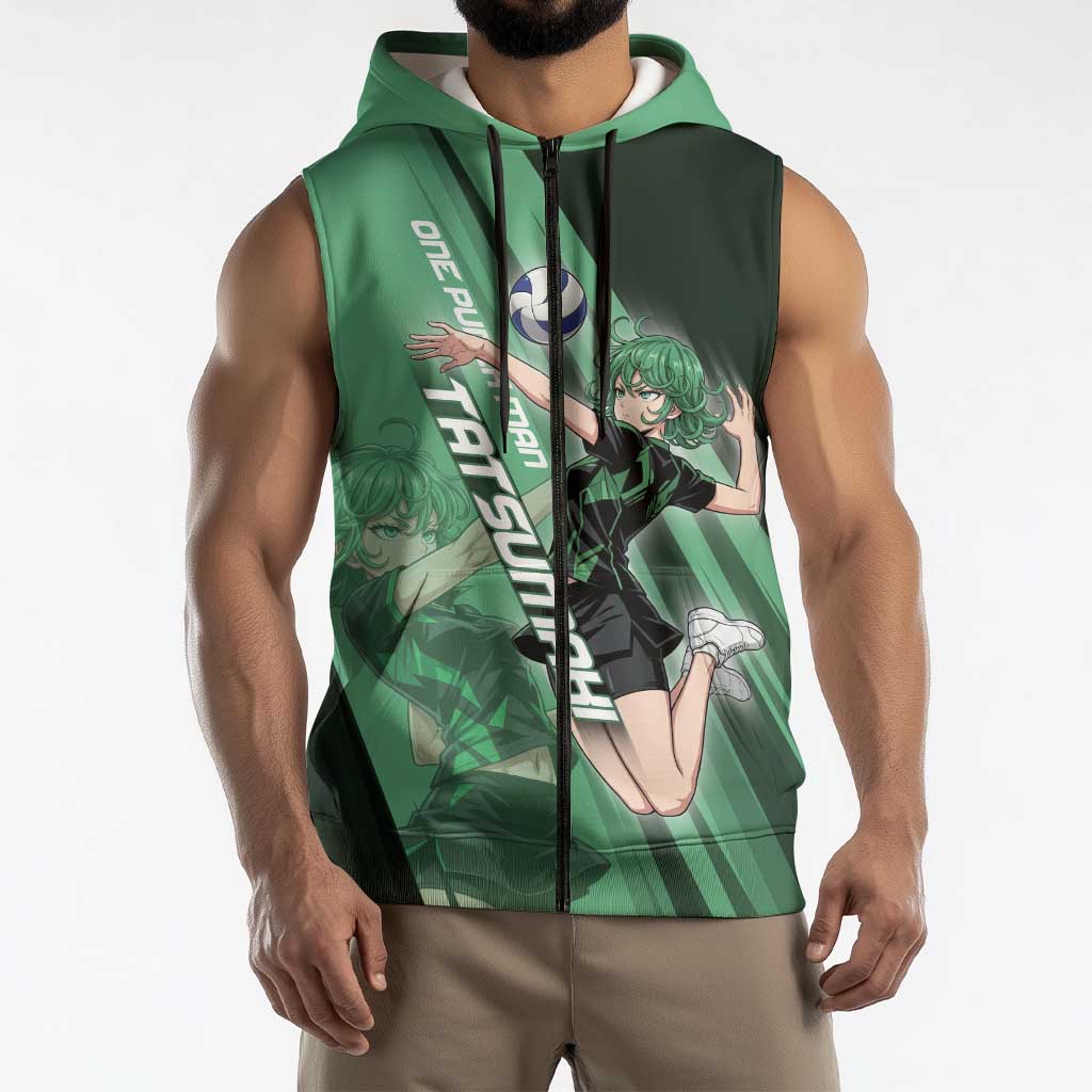 Personalized Tatsumaki Volleyball Design Sleeveless Zip Hoodie with Green Athletic Theme and Energetic Action Pose
