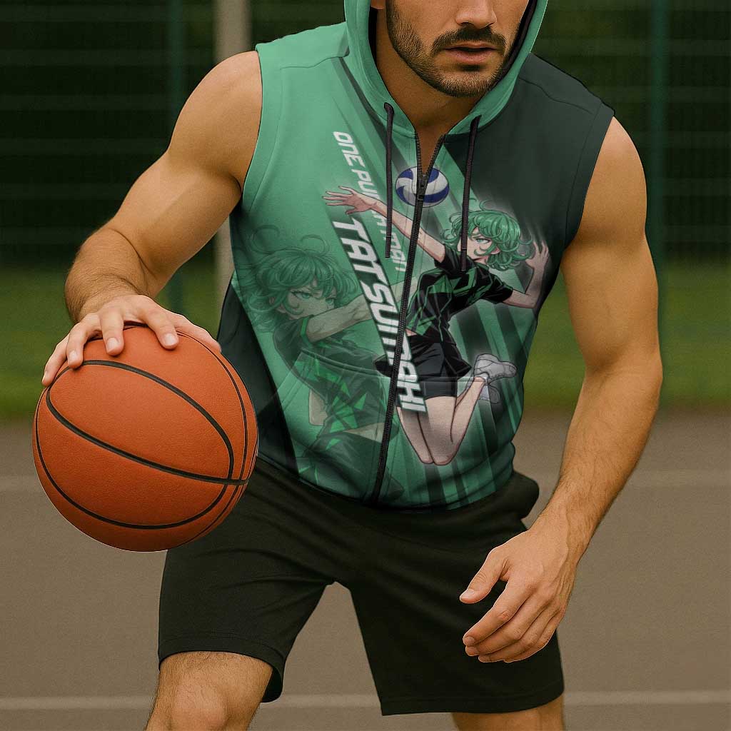 Personalized Tatsumaki Volleyball Design Sleeveless Zip Hoodie with Green Athletic Theme and Energetic Action Pose