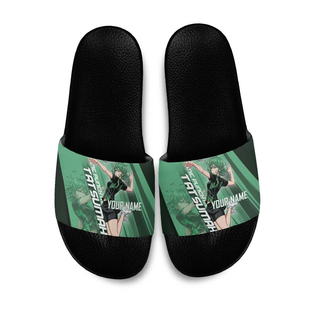 Personalized Tatsumaki Volleyball Design Slide Sandals with Green Athletic Theme and Energetic Action Pose