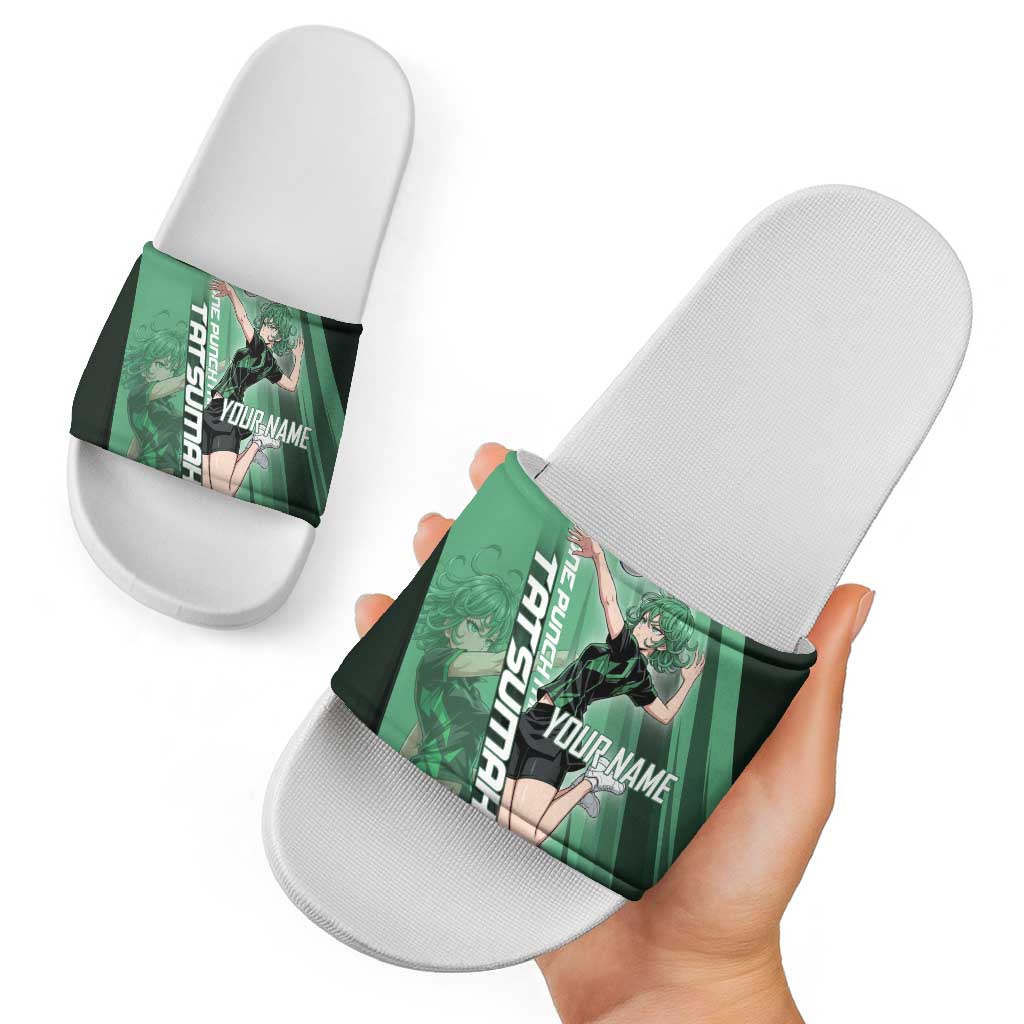 Personalized Tatsumaki Volleyball Design Slide Sandals with Green Athletic Theme and Energetic Action Pose