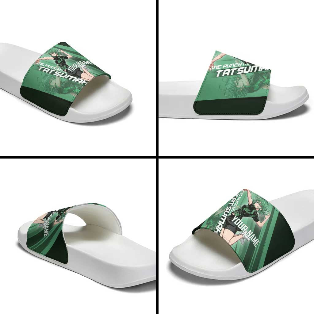 Personalized Tatsumaki Volleyball Design Slide Sandals with Green Athletic Theme and Energetic Action Pose