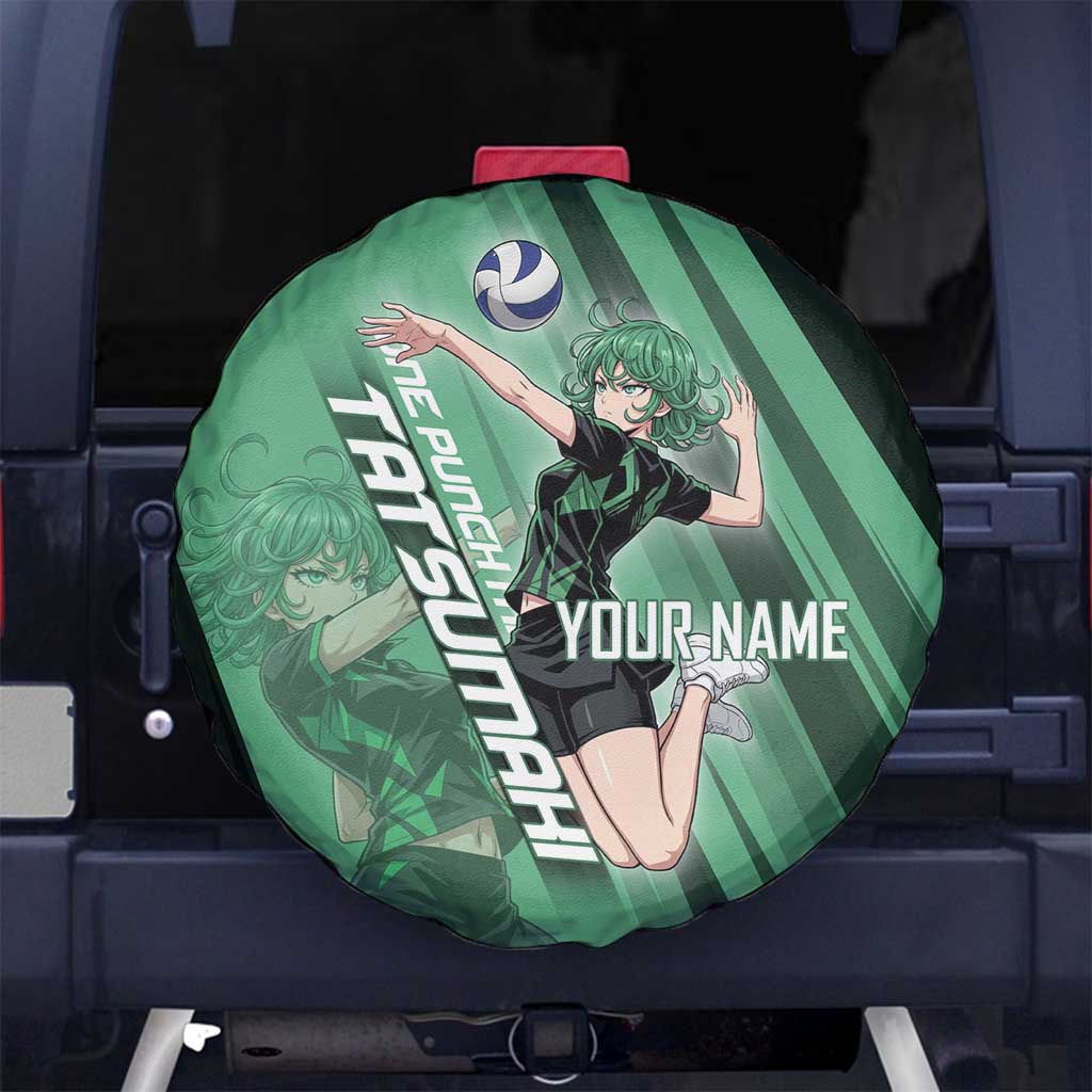 Personalized Tatsumaki Volleyball Design Spare Tire Cover with Green Athletic Theme and Energetic Action Pose