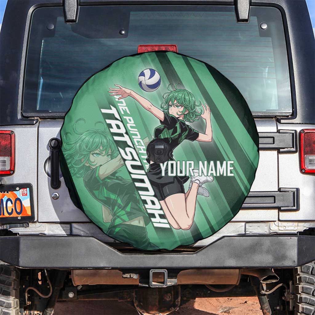 Personalized Tatsumaki Volleyball Design Spare Tire Cover with Green Athletic Theme and Energetic Action Pose