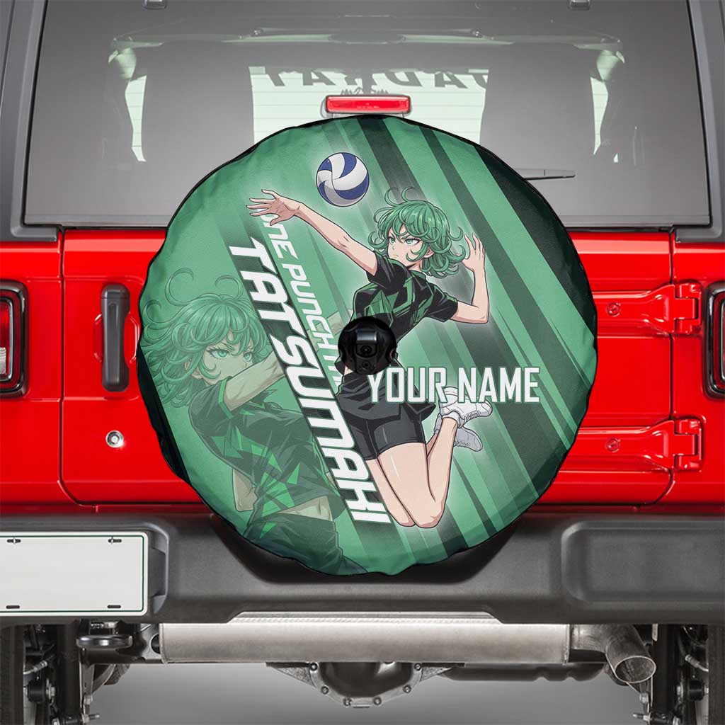 Personalized Tatsumaki Volleyball Design Spare Tire Cover with Green Athletic Theme and Energetic Action Pose