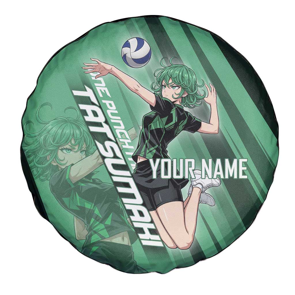 Personalized Tatsumaki Volleyball Design Spare Tire Cover with Green Athletic Theme and Energetic Action Pose