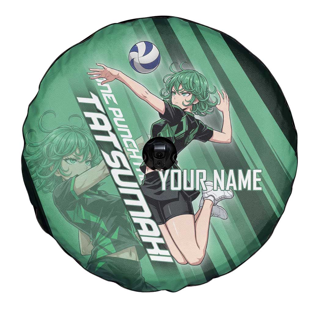Personalized Tatsumaki Volleyball Design Spare Tire Cover with Green Athletic Theme and Energetic Action Pose