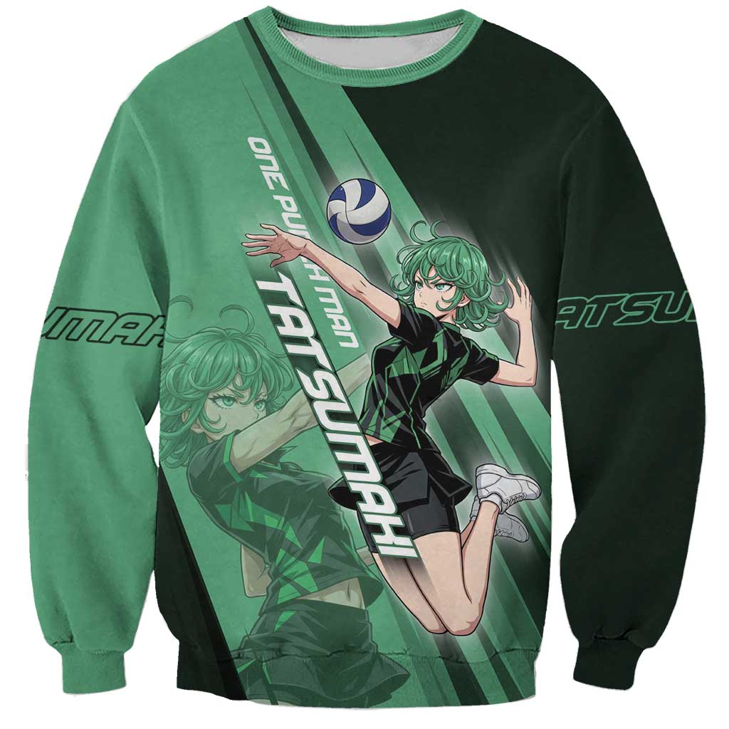 Personalized Tatsumaki Volleyball Design Sweatshirt with Green Athletic Theme and Energetic Action Pose