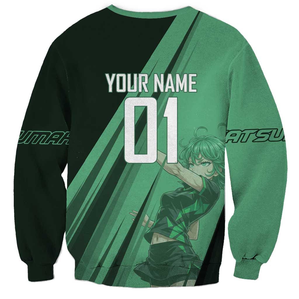 Personalized Tatsumaki Volleyball Design Sweatshirt with Green Athletic Theme and Energetic Action Pose