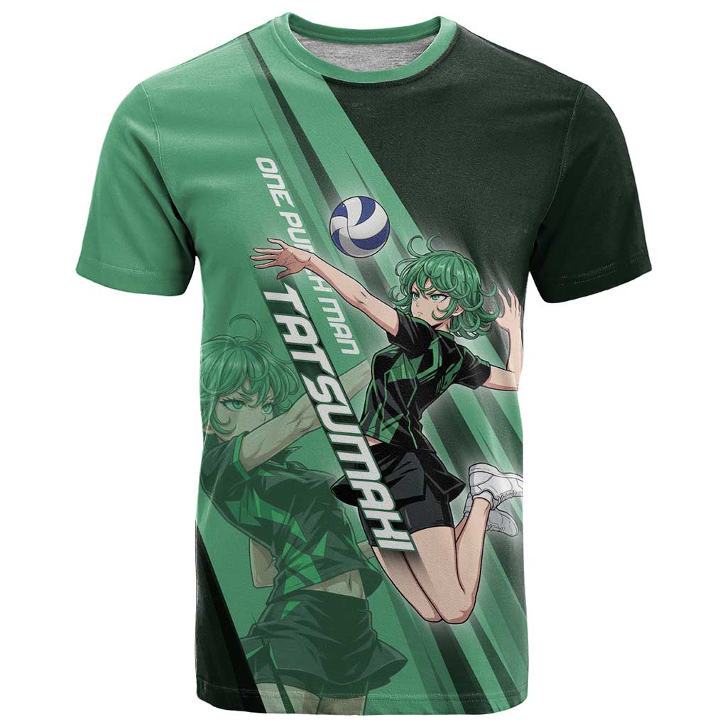 Personalized Tatsumaki Volleyball Design T Shirt with Green Athletic Theme and Energetic Action Pose