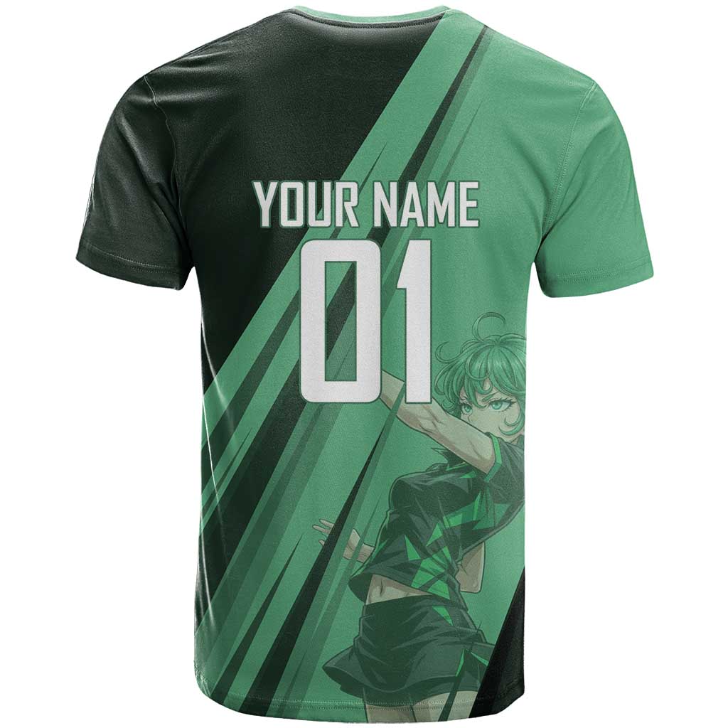 Personalized Tatsumaki Volleyball Design T Shirt with Green Athletic Theme and Energetic Action Pose
