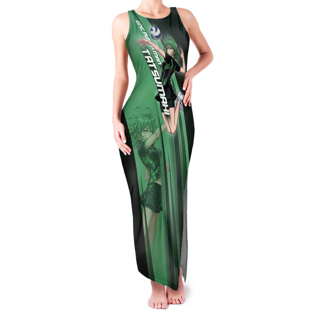 Personalized Tatsumaki Volleyball Design Tank Maxi Dress with Green Athletic Theme and Energetic Action Pose