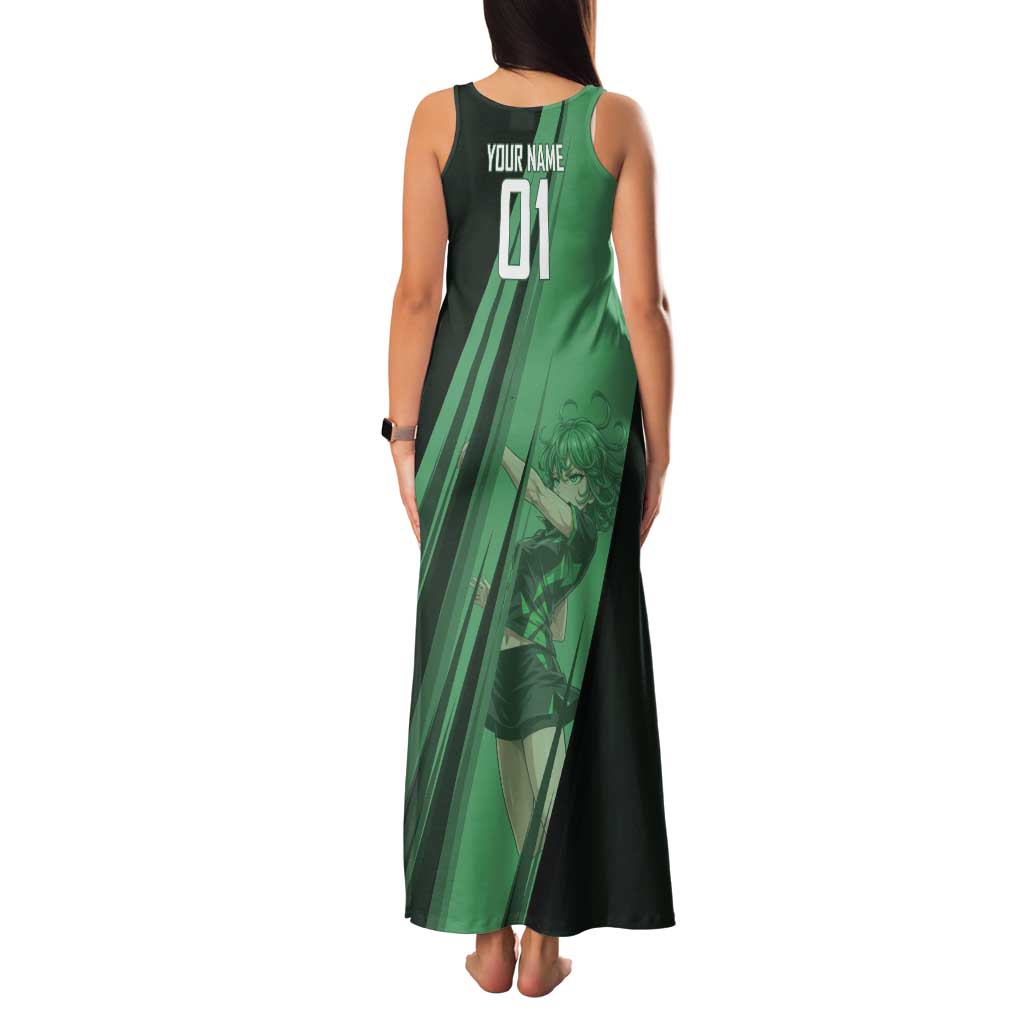 Personalized Tatsumaki Volleyball Design Tank Maxi Dress with Green Athletic Theme and Energetic Action Pose