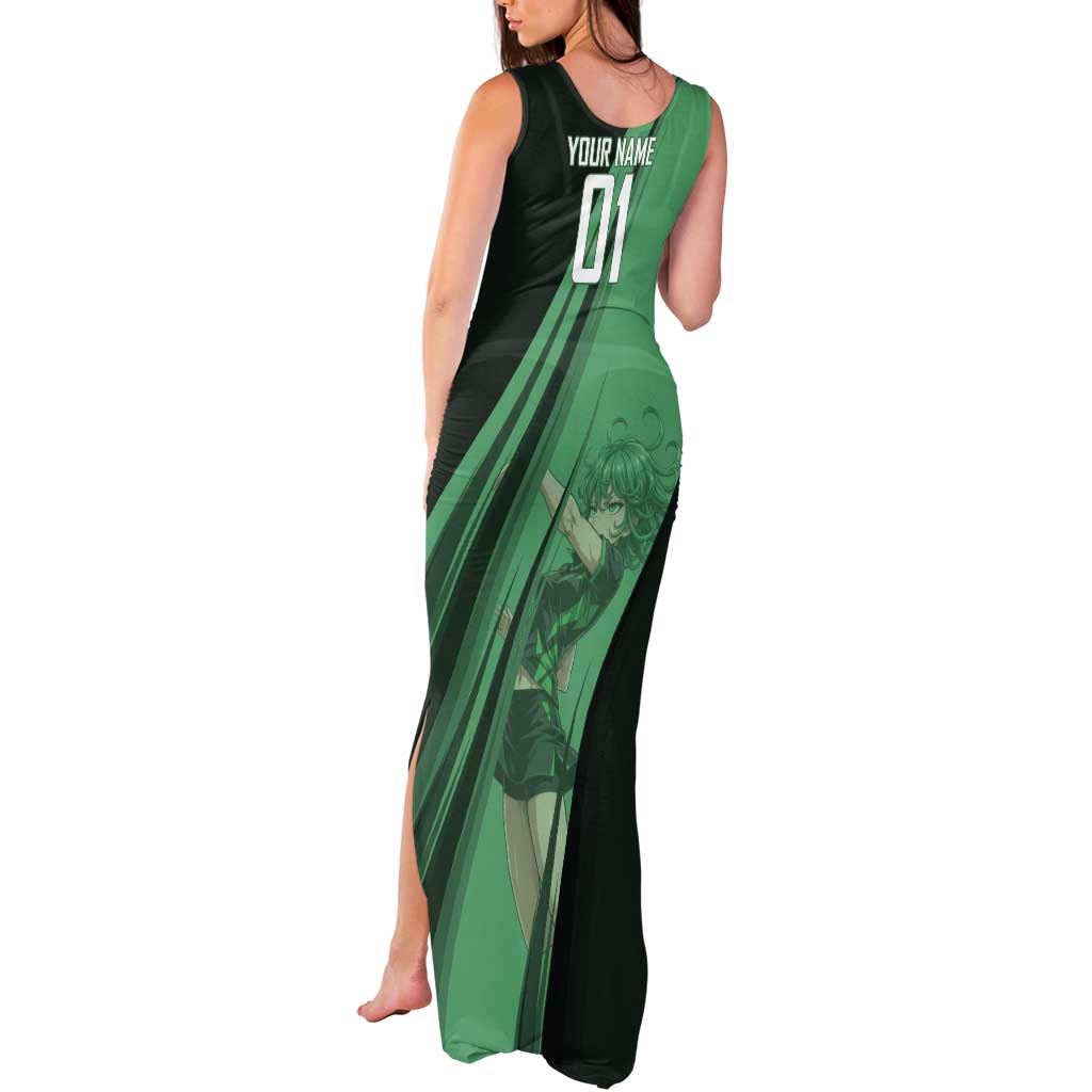 Personalized Tatsumaki Volleyball Design Tank Maxi Dress with Green Athletic Theme and Energetic Action Pose